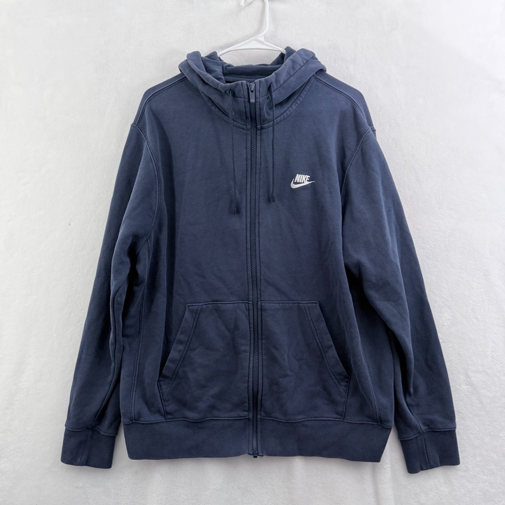 Nike Club Fleece Hoodie Mens L Blue Full Zip Sweatshirt Logo Embroidered